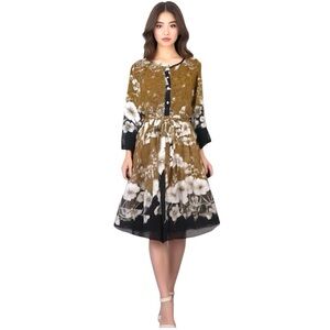 Fig & flower Anthropologie Floral Chiffon Shift Dress Sz M Bronw Black Belted